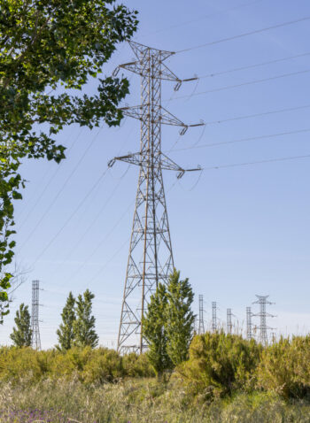 Electricity pylons distributing energy from the ribatejo power station in portugal, contributing to the power grid
