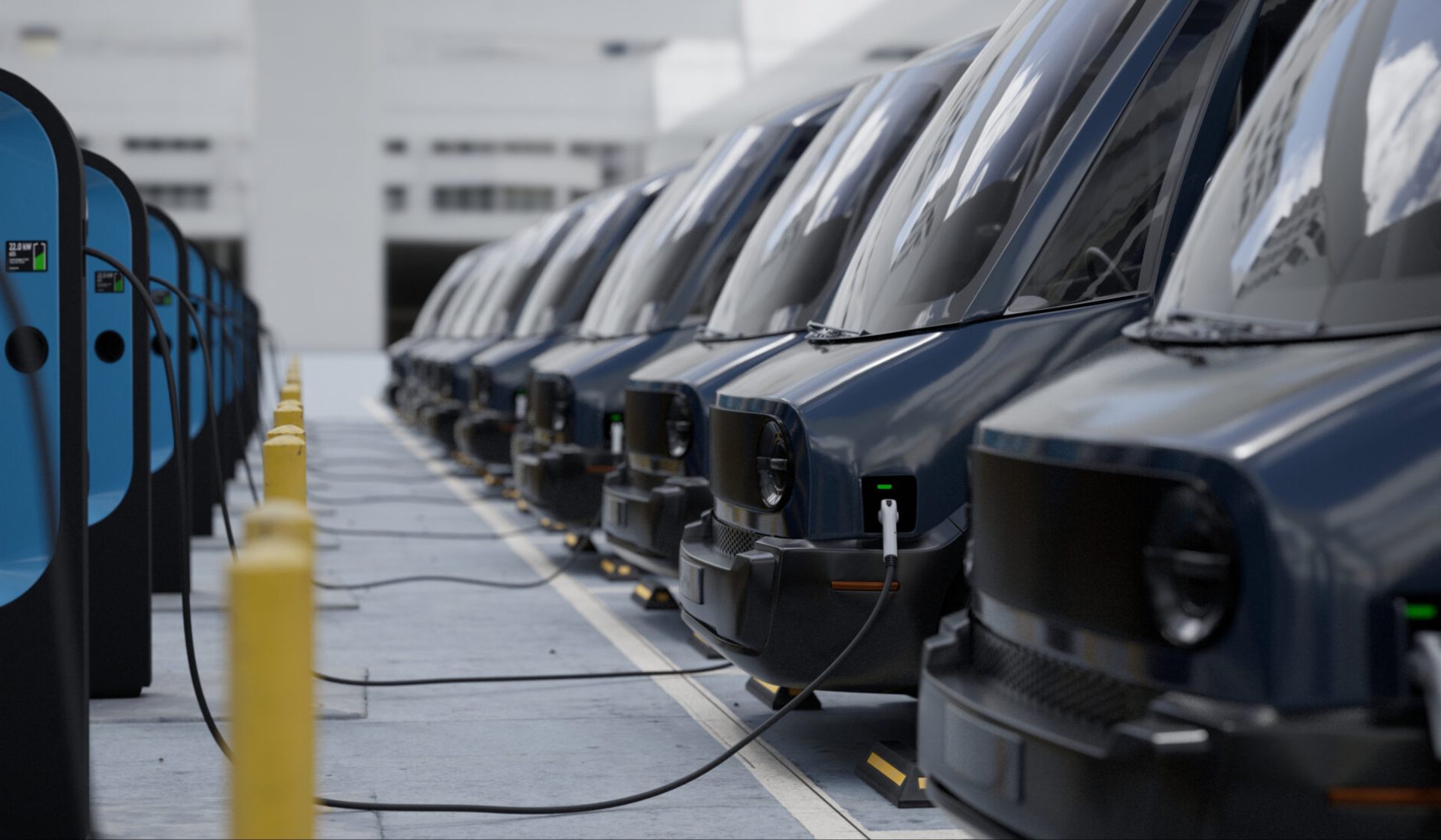 CU shot of fleet modern electric EV delivery vans are being charged in company parking garage
