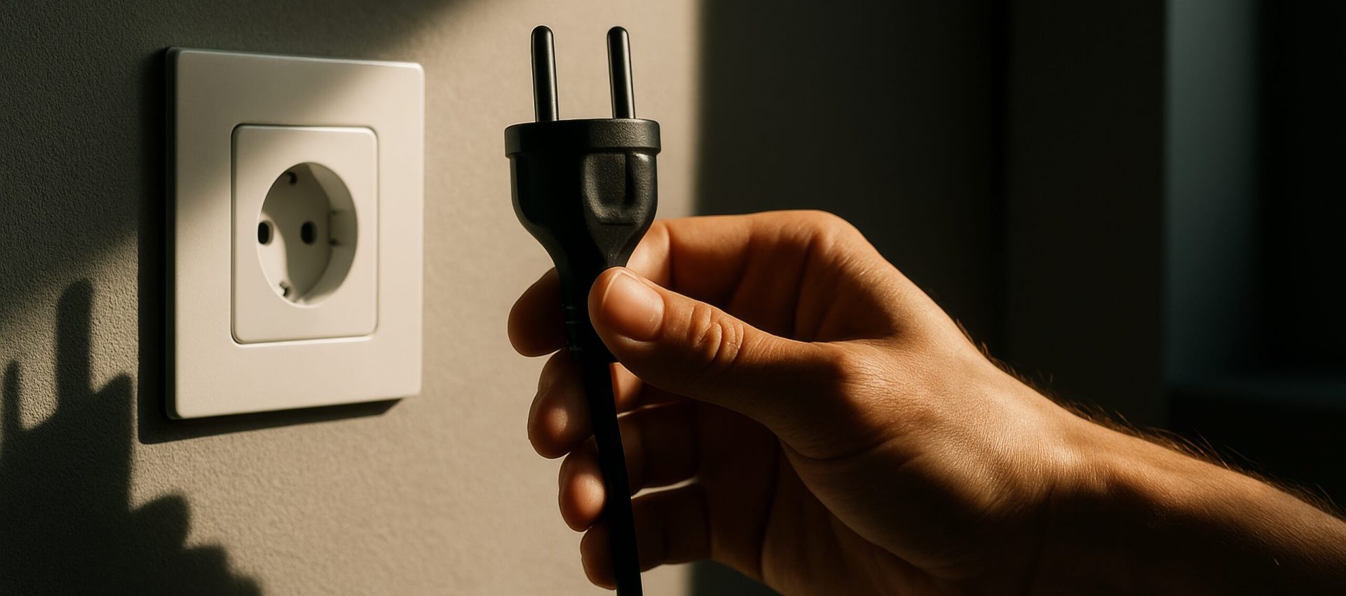 A hand holds a black power plug near a wall socket, preparing to connect or disconnect a device. Sunlight casts shadows on the neutral wall.
